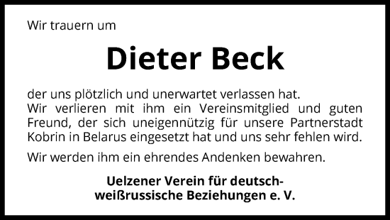 Todesanzeige von Dieter Beck von UEL