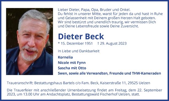 Todesanzeige von Dieter Beck von UEL