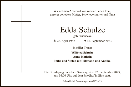 Todesanzeige von Edda Schulze von UEL