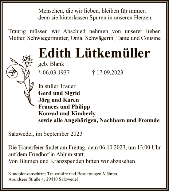 Todesanzeige von Edith Lütkemüller von UEL