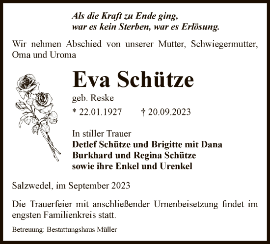Todesanzeige von Eva Schütze von UEL
