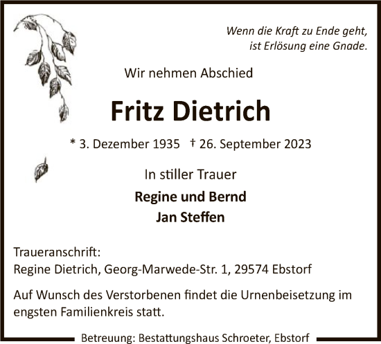 Todesanzeige von Fritz Dietrich von UEL
