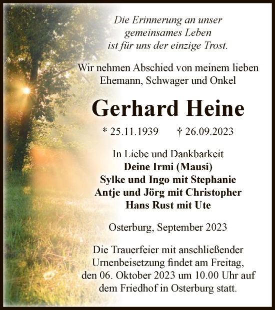 Todesanzeige von Gerhard Heine von UEL