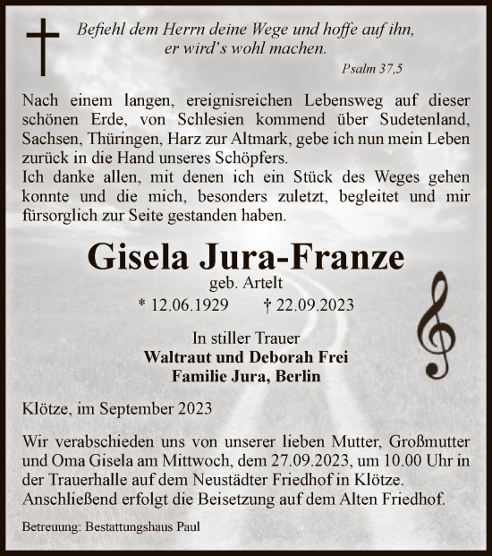 Todesanzeige von Gisela Jura-Franze von UEL