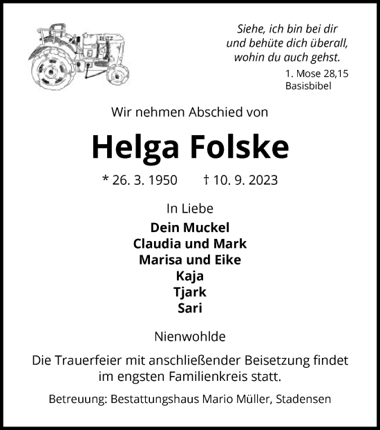 Todesanzeige von Helga Folske von UEL