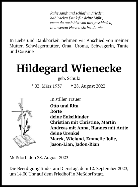 Todesanzeige von Hildegard Wienecke von UEL