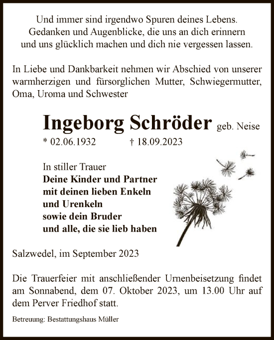 Todesanzeige von Ingeborg Schröder von UEL