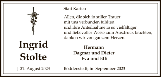 Todesanzeige von Ingrid Stolte von UEL