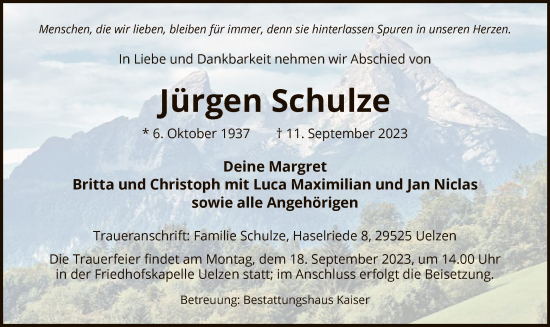 Todesanzeige von Jürgen Schulze von UEL