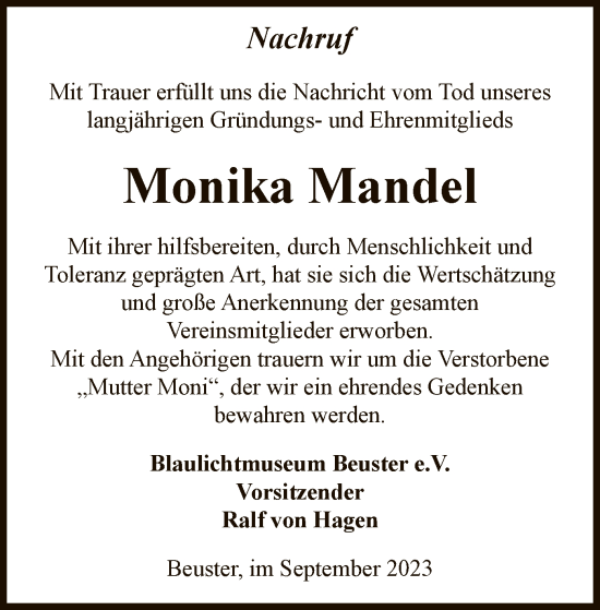 Todesanzeige von Monika Mandel von UEL