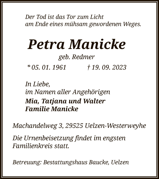 Todesanzeige von Petra Manicke von UEL