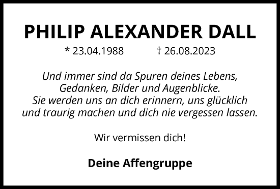 Todesanzeige von Philip Alexander Dall von UEL