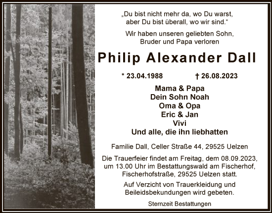 Todesanzeige von Philip Alexander Dall von UEL