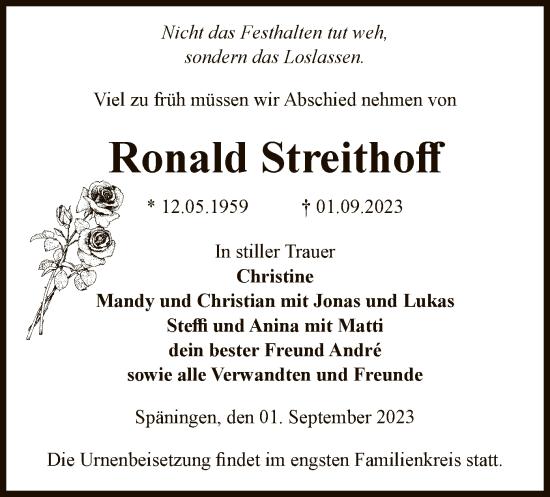 Todesanzeige von Ronald Streithoff von UEL