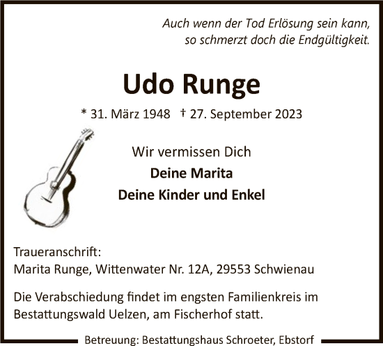 Todesanzeige von Udo Runge von UEL