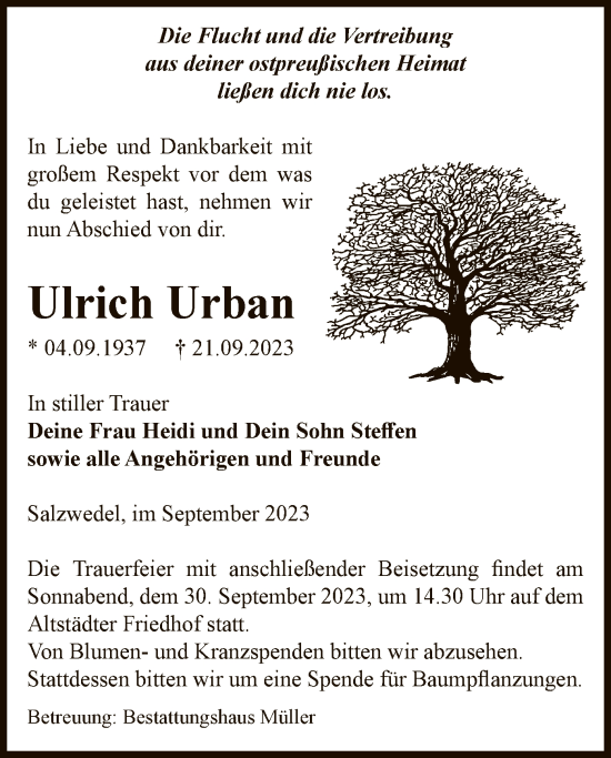 Todesanzeige von Ulrich Urban von UEL