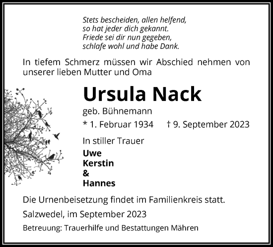 Todesanzeige von Ursula Nack von UEL