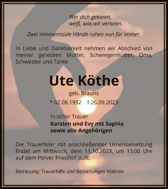 Todesanzeige von Ute Köthe von UEL
