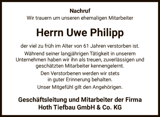 Todesanzeige von Uwe Philipp von UEL
