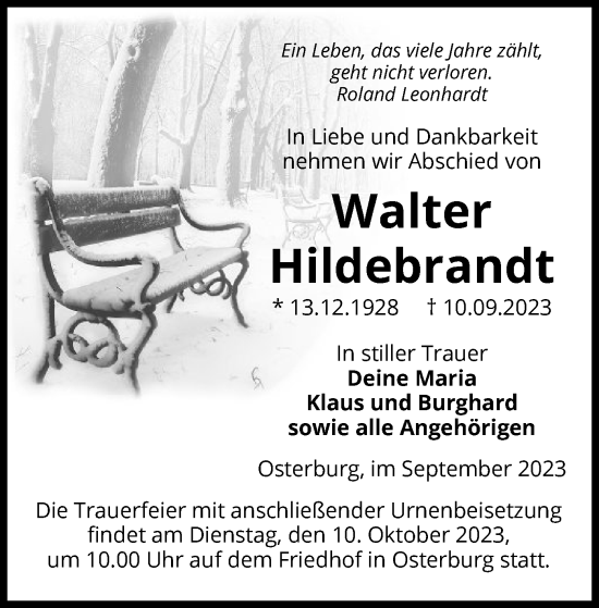 Todesanzeige von Walter Hildebrandt von UEL