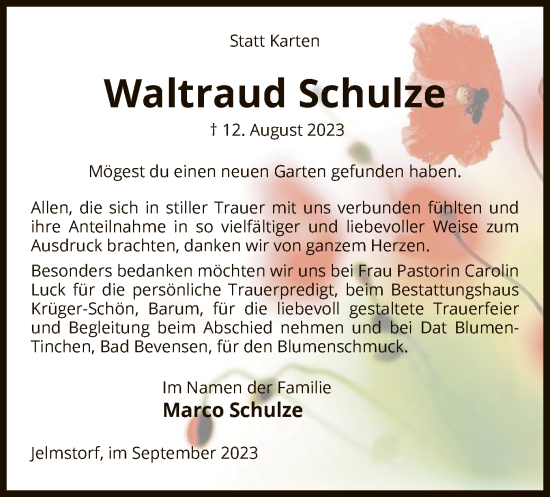 Todesanzeige von Waltraud Schulze von UEL