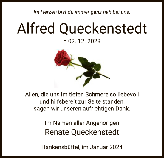 Todesanzeige von Alfred Queckenstedt von UEL