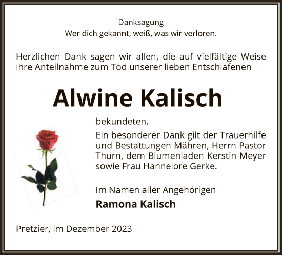 Todesanzeige von Alwine Kalisch von UEL