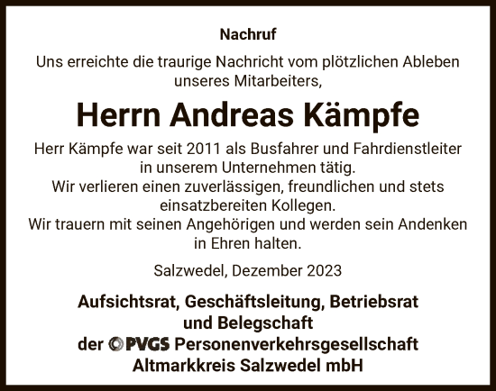 Todesanzeige von Andreas Kämpfe von UEL