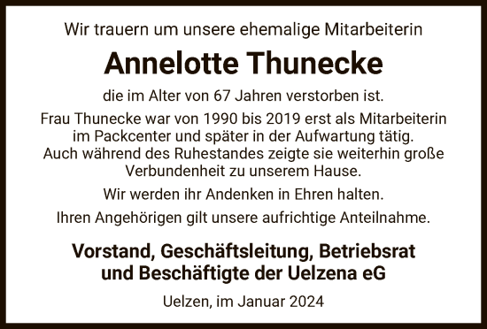 Todesanzeige von Annelotte Thunecke von UEL