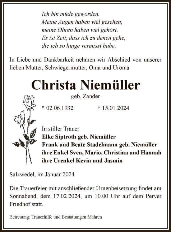 Todesanzeige von Christa Niemüller von UEL