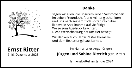 Todesanzeige von Ernst Ritter von UEL