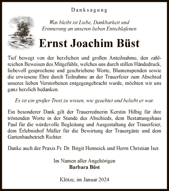 Todesanzeige von Ernst Joachim Büst von UEL