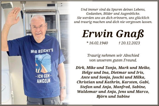 Todesanzeige von Erwin Gnaß von UEL