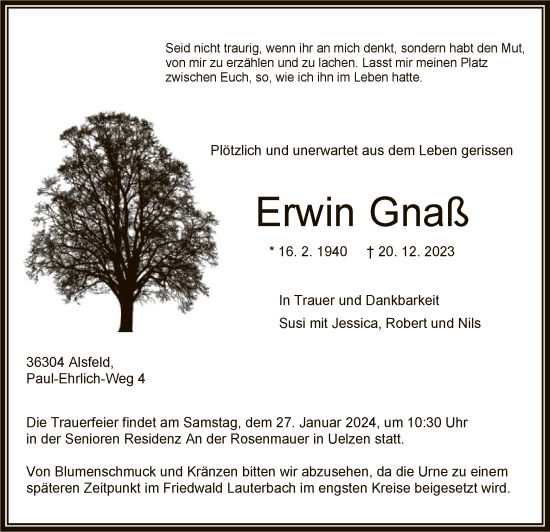 Todesanzeige von Erwin Gnaß von UEL