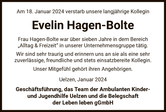 Todesanzeige von Evelin Hagen-Bolte von UEL