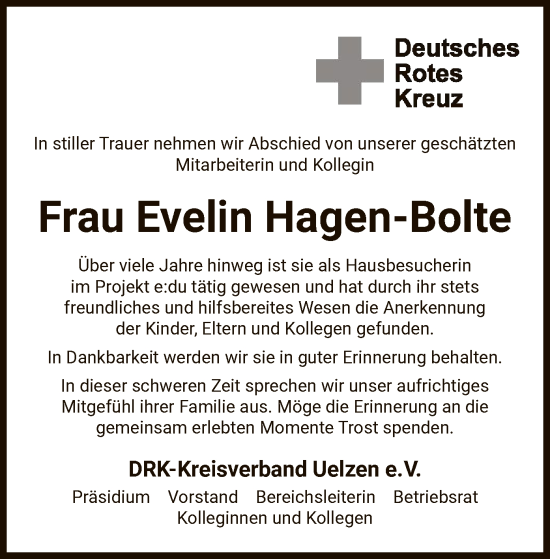 Todesanzeige von Evelin Hagen-Bolte von UEL