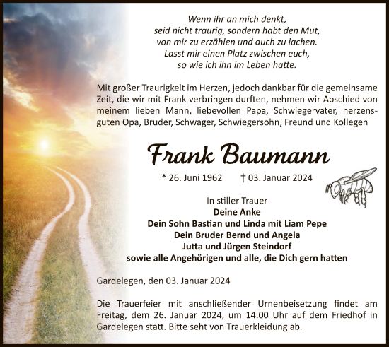 Todesanzeige von Frank Baumann von UEL