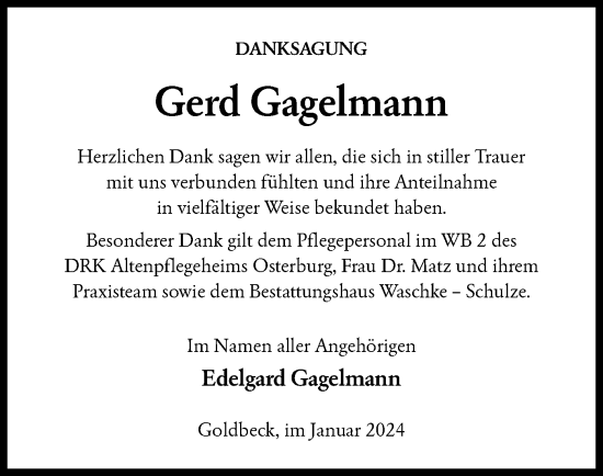 Todesanzeige von Gerd Gagelmann von UEL