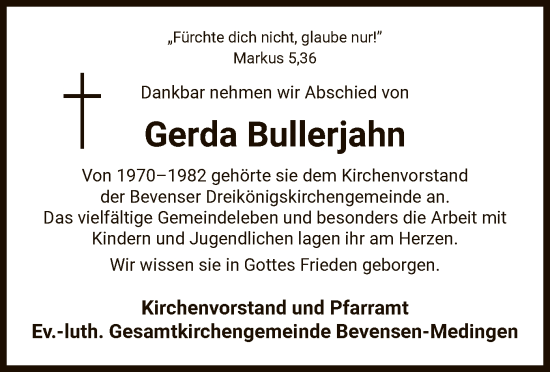 Todesanzeige von Gerda Bullerjahn von UEL