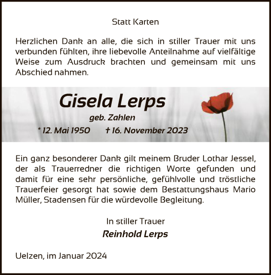 Todesanzeige von Gisela Lerps von UEL