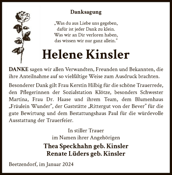 Todesanzeige von Helene Kinsler von UEL