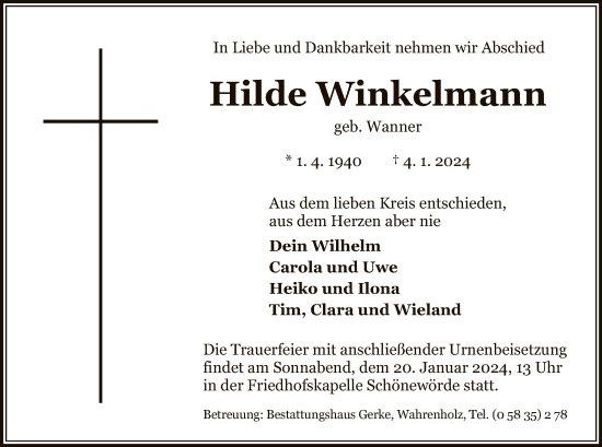 Todesanzeige von Hilde Winkelmann von UEL