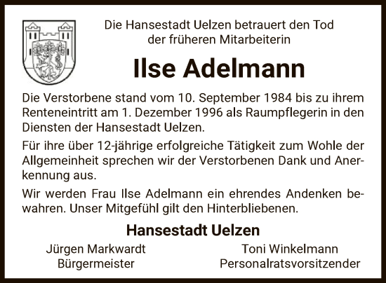 Todesanzeige von Ilse Adelmann von UEL