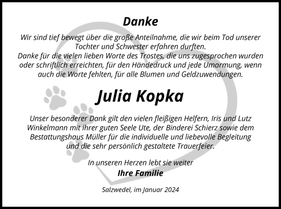 Todesanzeige von Julia Kopka von UEL