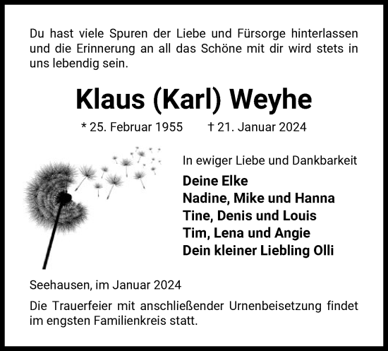 Todesanzeige von Klaus Weyhe von UEL