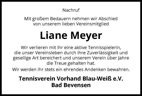 Todesanzeige von Liane Meyer von UEL