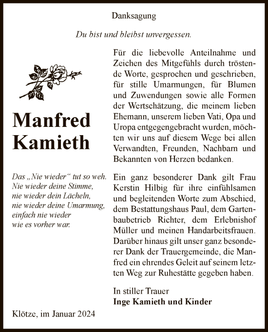 Todesanzeige von Manfred Kamieth von UEL