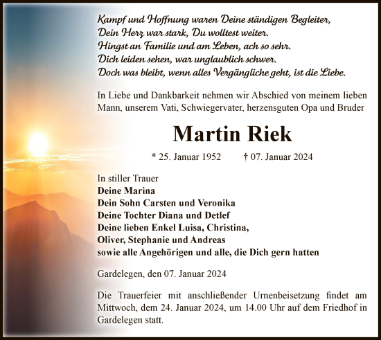 Todesanzeige von Martin Riek von UEL
