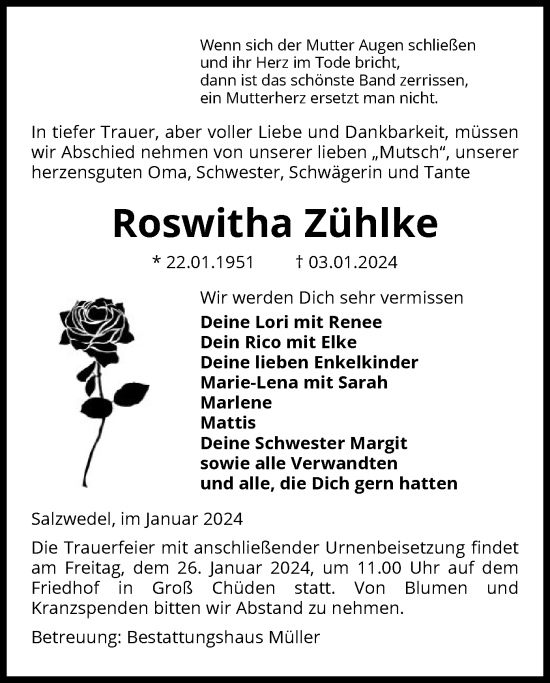 Todesanzeige von Roswitha Zühlke von UEL