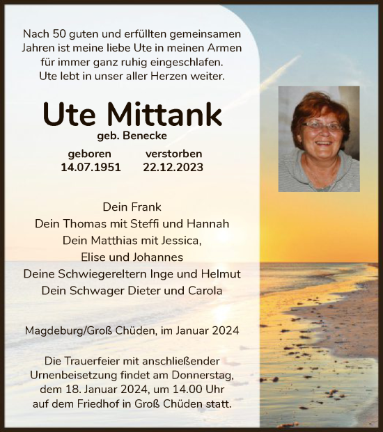 Todesanzeige von Ute Mittank von UEL